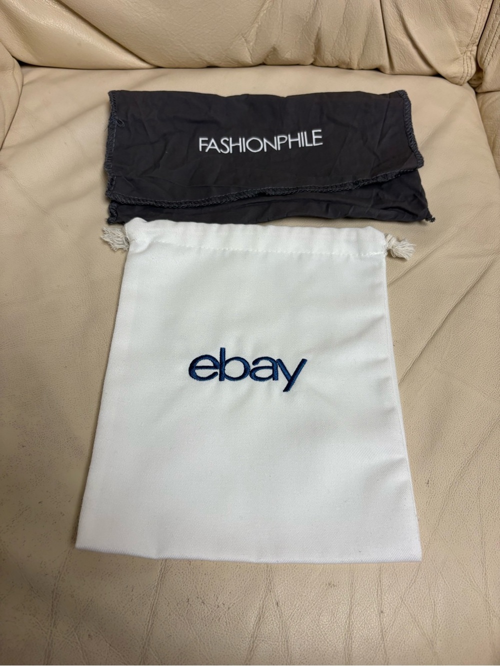 Set of 2 EBAY & FASHIONPHILE Dust Bag Foldover Drawstring White Gray